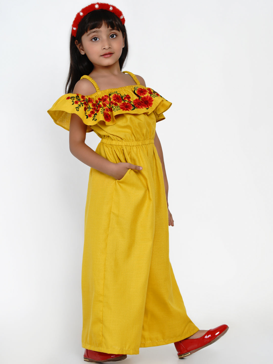 Mustard Embroidered Jumpsuit for Kids - Bhama - Distacart