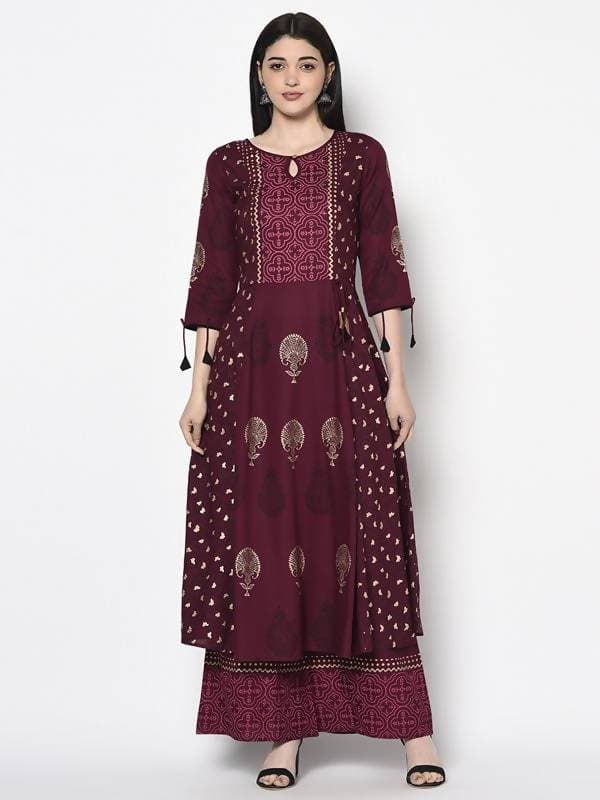 Aniyah Rayon Wine Color Block Print Anarkali Kurta (AN-172K)