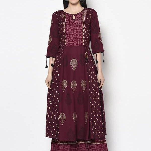 Aniyah Rayon Wine Color Block Print Anarkali Kurta (AN-172K)