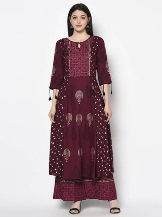 Aniyah Rayon Wine Color Block Print Anarkali Kurta (AN-172K)