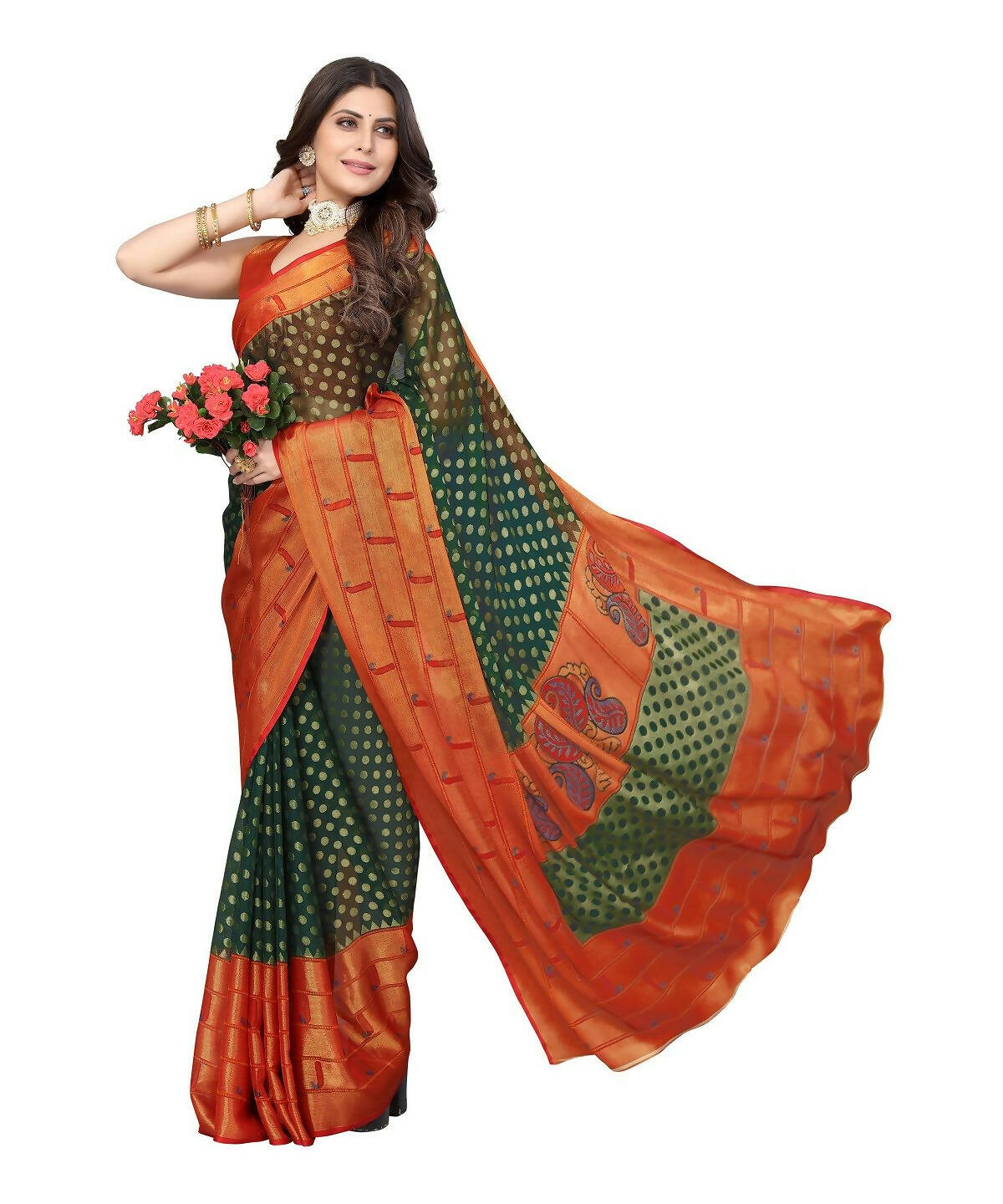 Vamika Green Chiffon Brasso Bollywood Style Woven Saree (DIMPLE GREEN) - Distacart