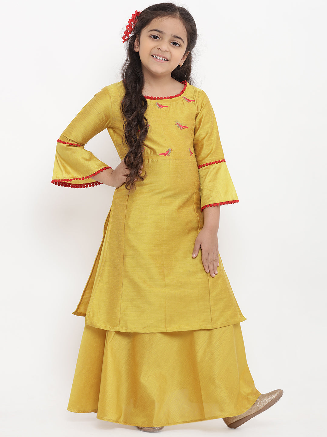 Girls Yellow Embroidered Kurti with Skirt for Kids - Bhama - Distacart