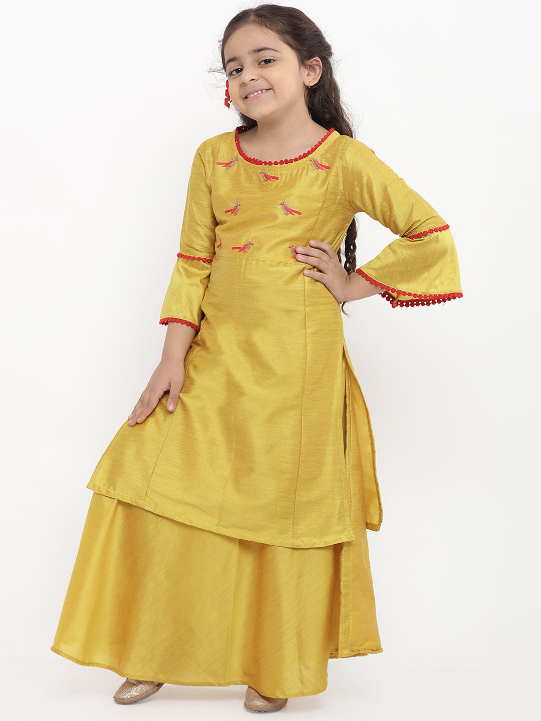 Girls Yellow Embroidered Kurti with Skirt for Kids - Bhama - Distacart