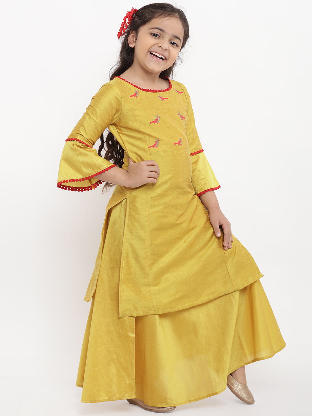 Girls Yellow Embroidered Kurti with Skirt for Kids - Bhama - Distacart