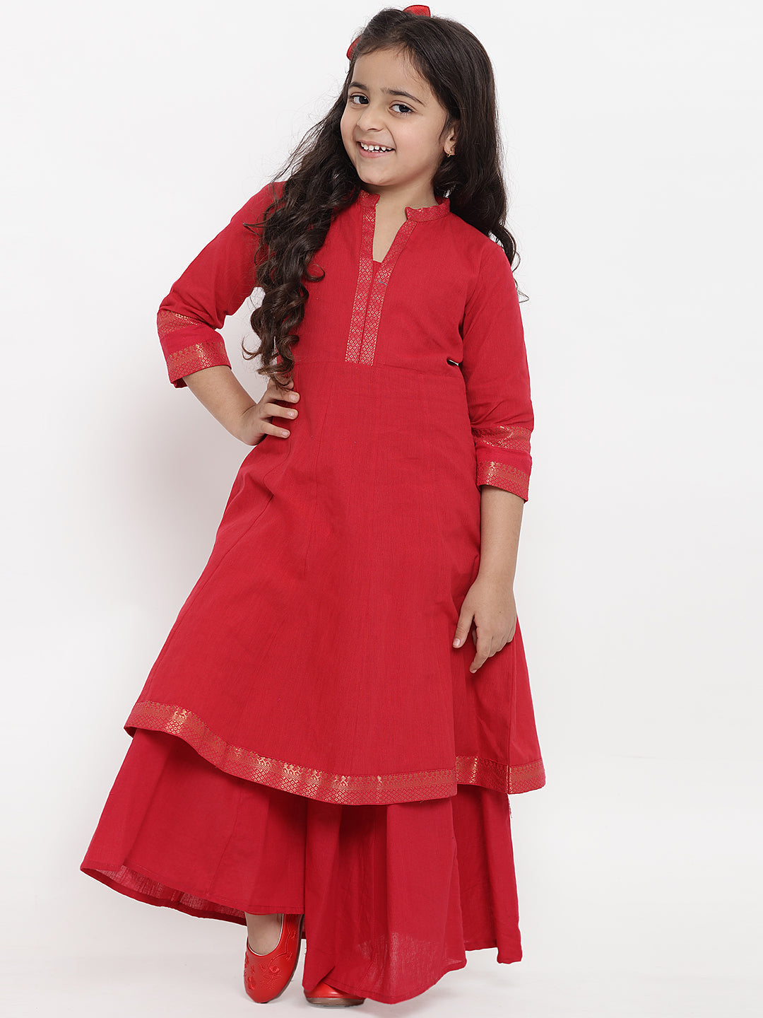Girls Red Pure Cotton Kurti with Palazzos for Kids - Bhama - Distacart