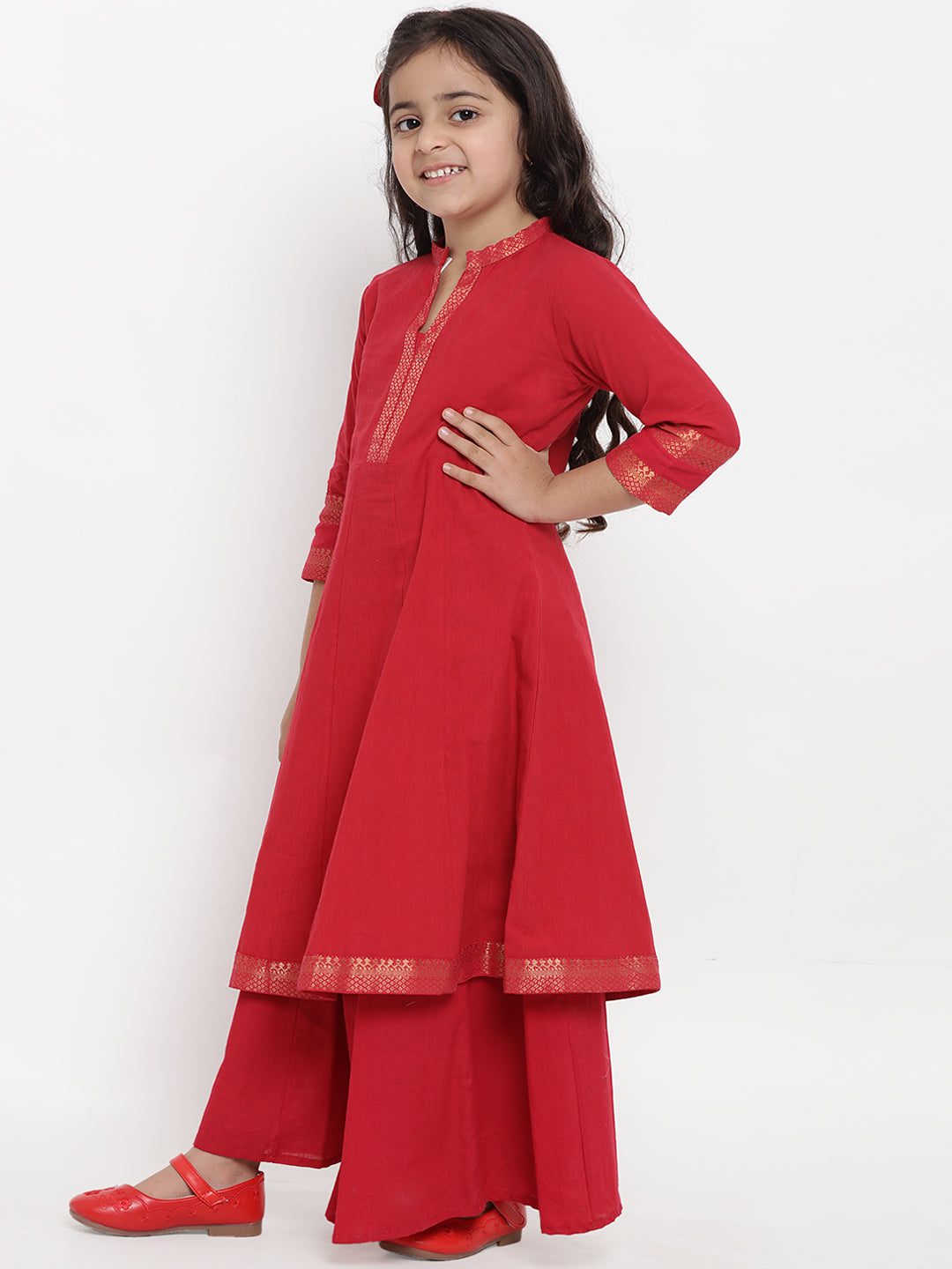 Girls Red Pure Cotton Kurti with Palazzos for Kids - Bhama - Distacart