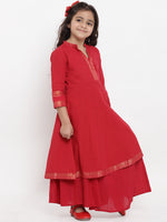 Thumbnail for Girls Red Pure Cotton Kurti with Palazzos for Kids - Bhama - Distacart