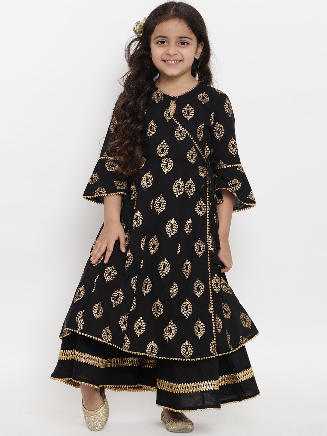 Girls Black Foil Printed Angrakha Kurta With Palazzos for Kids - Bhama - Distacart