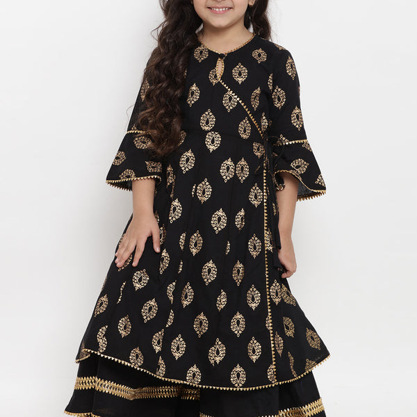Girls Black Foil Printed Angrakha Kurta With Palazzos for Kids - Bhama - Distacart