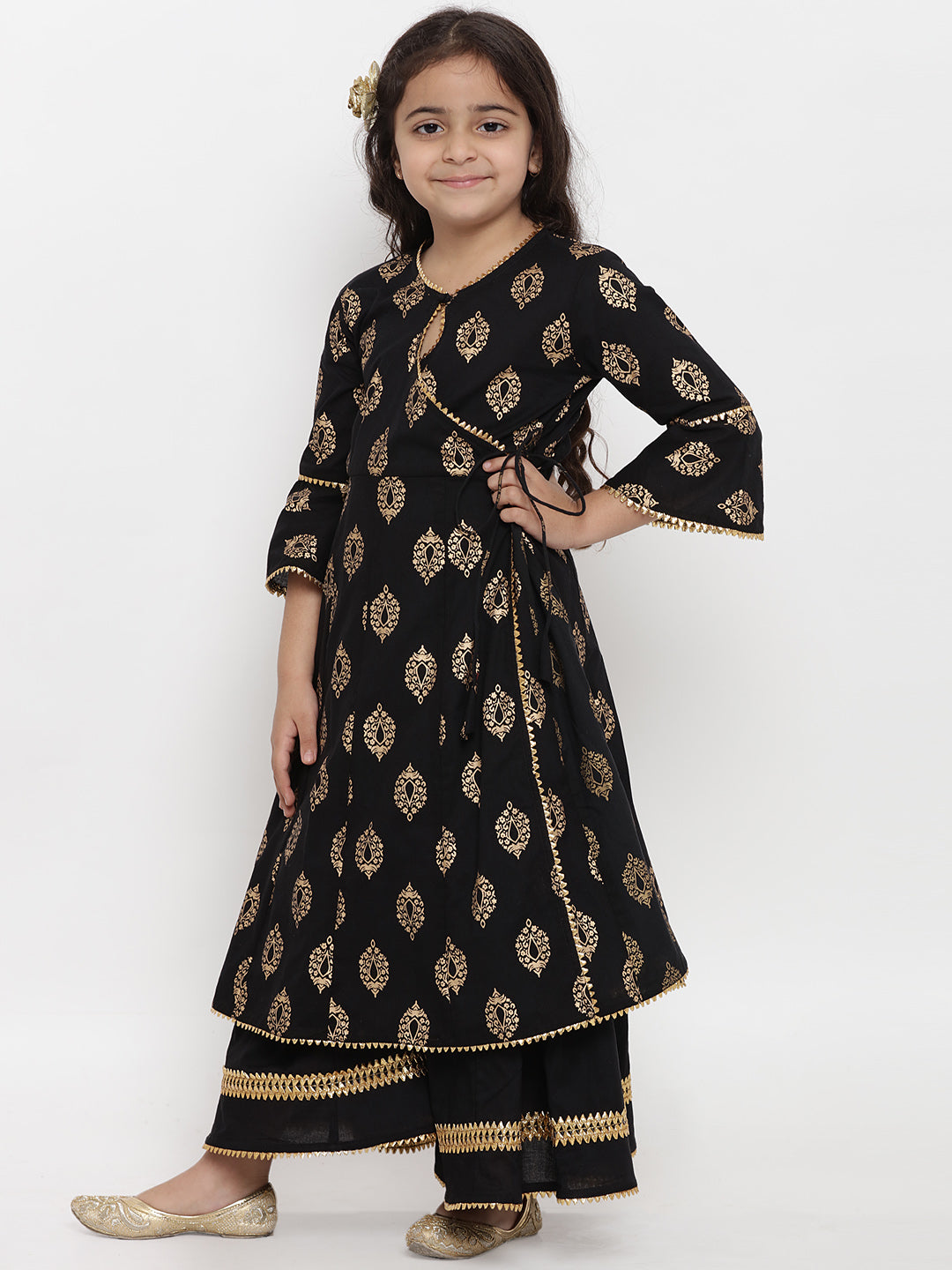 Girls Black Foil Printed Angrakha Kurta With Palazzos for Kids - Bhama - Distacart