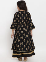 Thumbnail for Girls Black Foil Printed Angrakha Kurta With Palazzos for Kids - Bhama - Distacart