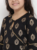 Thumbnail for Girls Black Foil Printed Angrakha Kurta With Palazzos for Kids - Bhama - Distacart