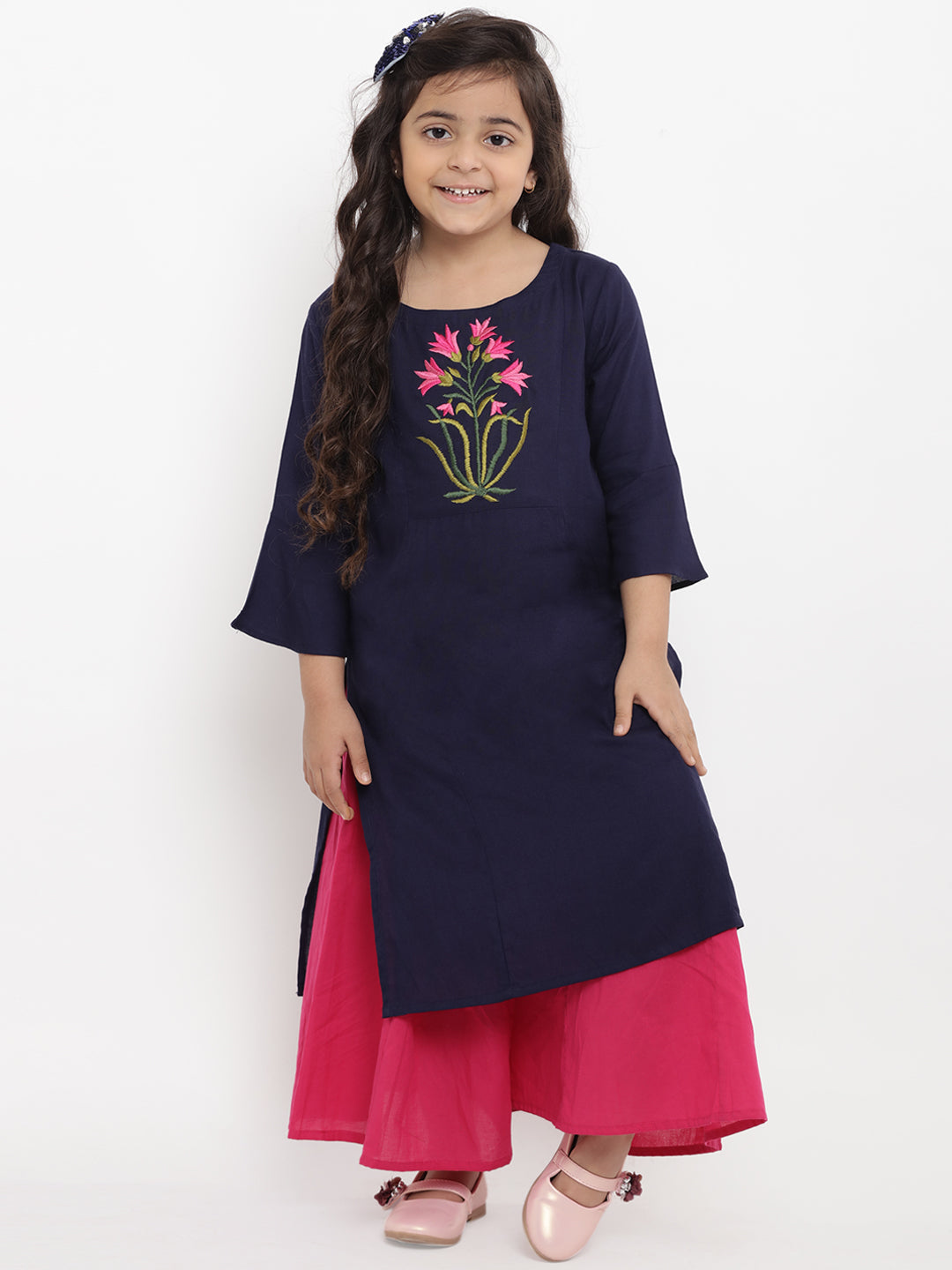 Girls Blue Floral Embroidered Panelled Kurta With Palazzos for Kids - Bhama - Distacart