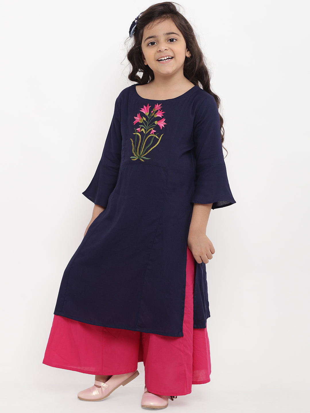 Girls Blue Floral Embroidered Panelled Kurta With Palazzos for Kids - Bhama - Distacart