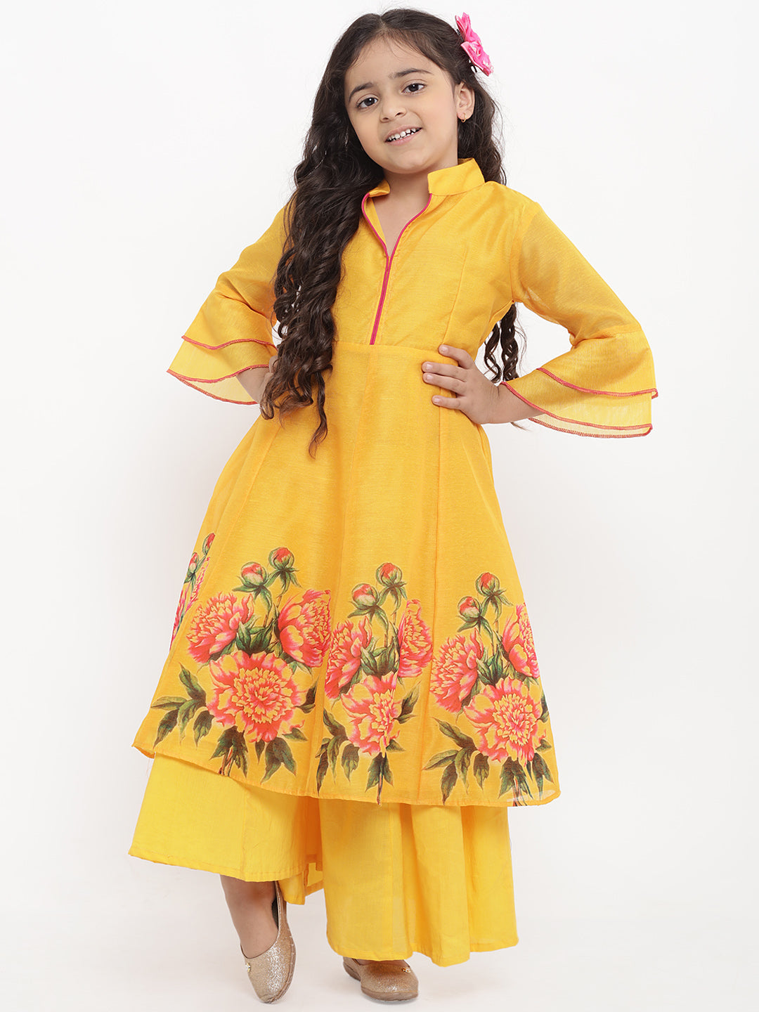 Girls Yellow Printed Kurta With Palazzos for Kids - Bhama - Distacart