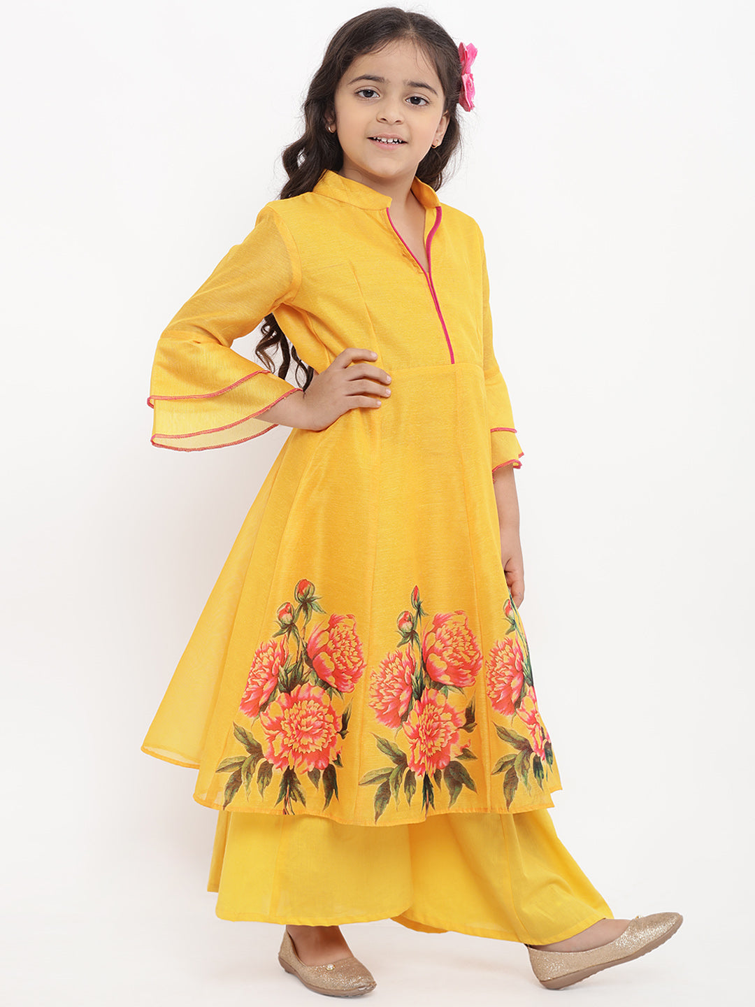 Girls Yellow Printed Kurta With Palazzos for Kids - Bhama - Distacart