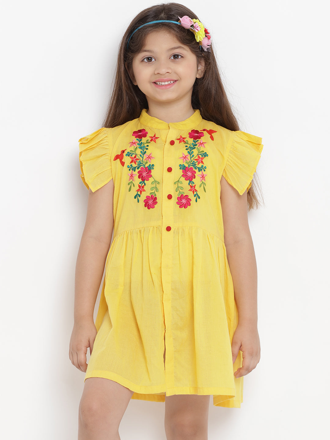 Girls Yellow Embroidered Dress for Kids - Bhama - Distacart