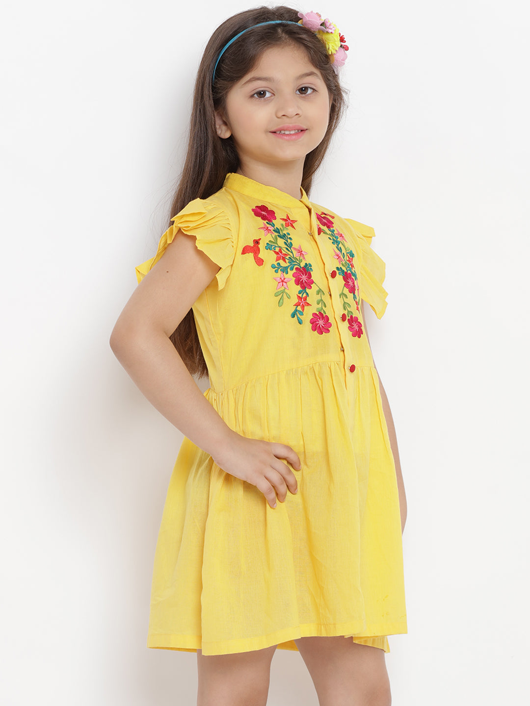 Girls Yellow Embroidered Dress for Kids - Bhama - Distacart