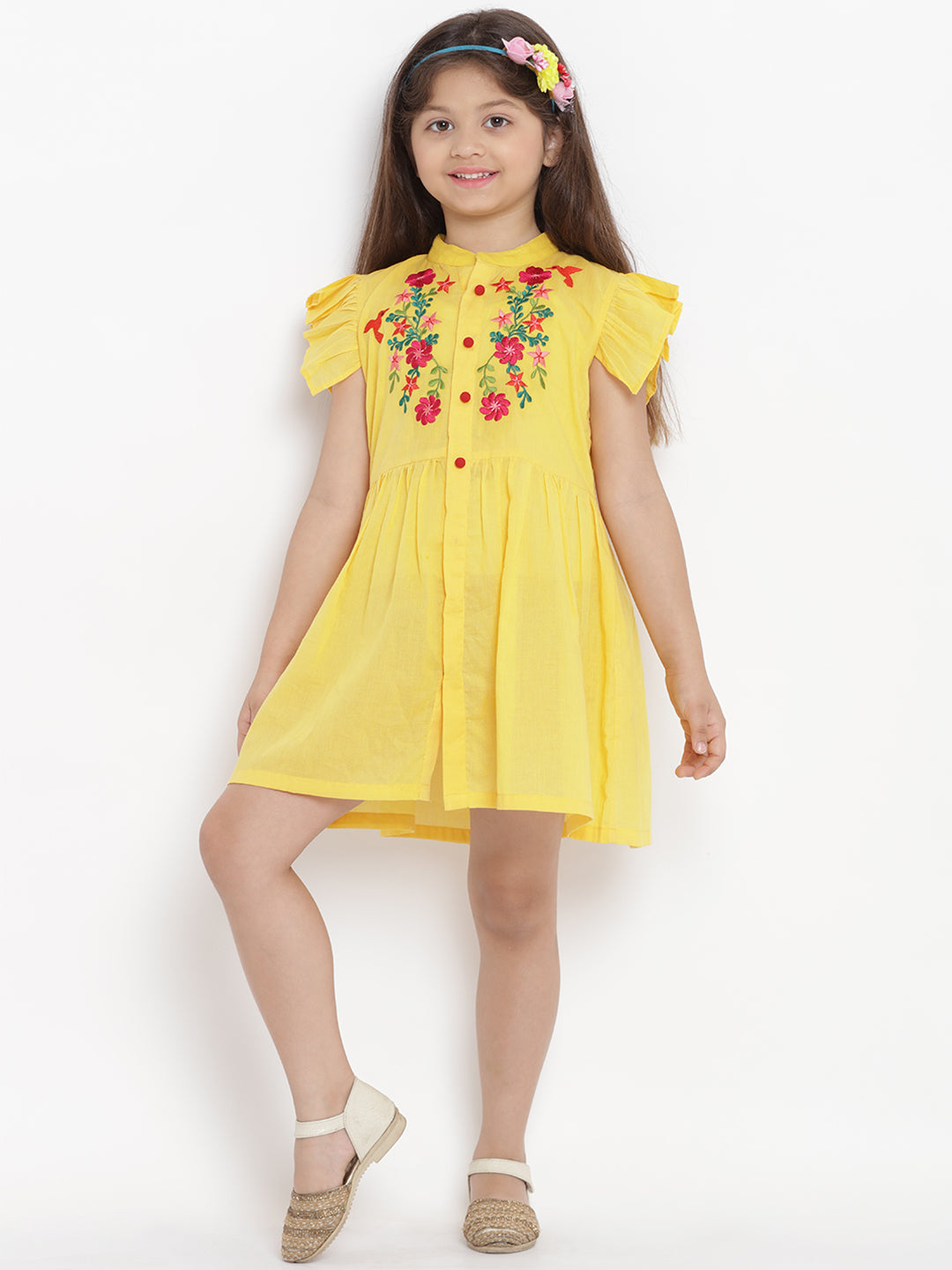 Girls Yellow Embroidered Dress for Kids - Bhama - Distacart