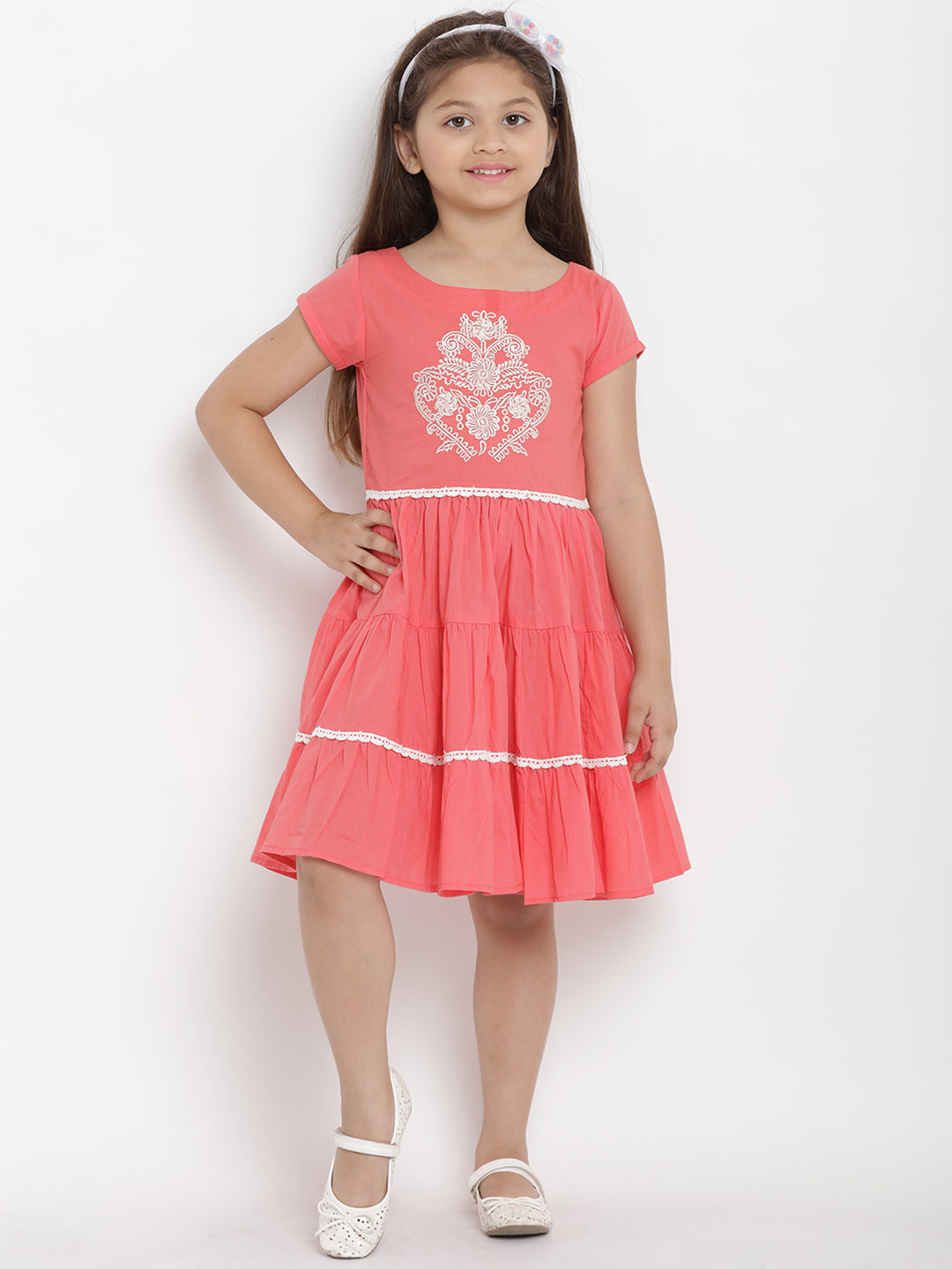 Girls Peach-Coloured Printed A-Line Dress for Kids - Bhama - Distacart