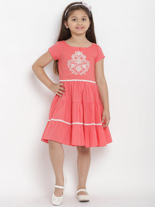 Girls Peach-Coloured Printed A-Line Dress for Kids - Bhama - Distacart