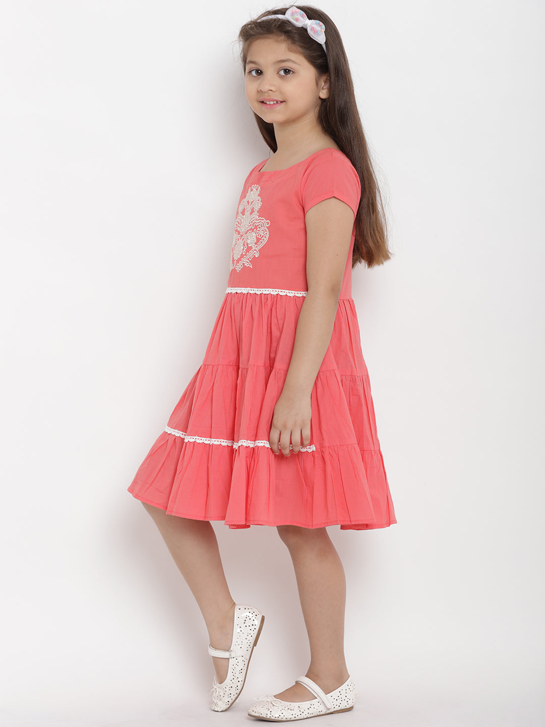 Girls Peach-Coloured Printed A-Line Dress for Kids - Bhama - Distacart