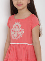 Thumbnail for Girls Peach-Coloured Printed A-Line Dress for Kids - Bhama - Distacart