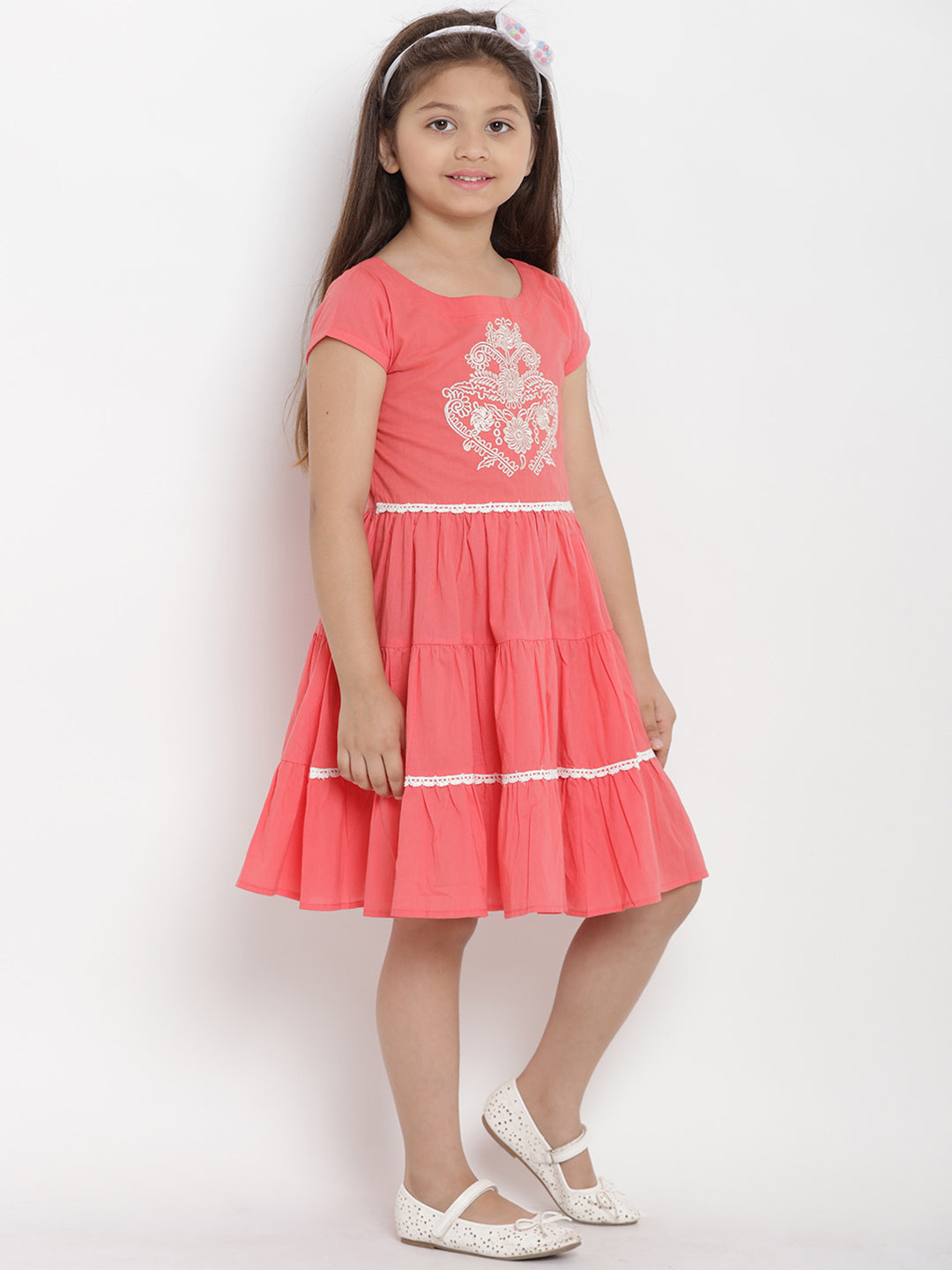 Girls Peach-Coloured Printed A-Line Dress for Kids - Bhama - Distacart