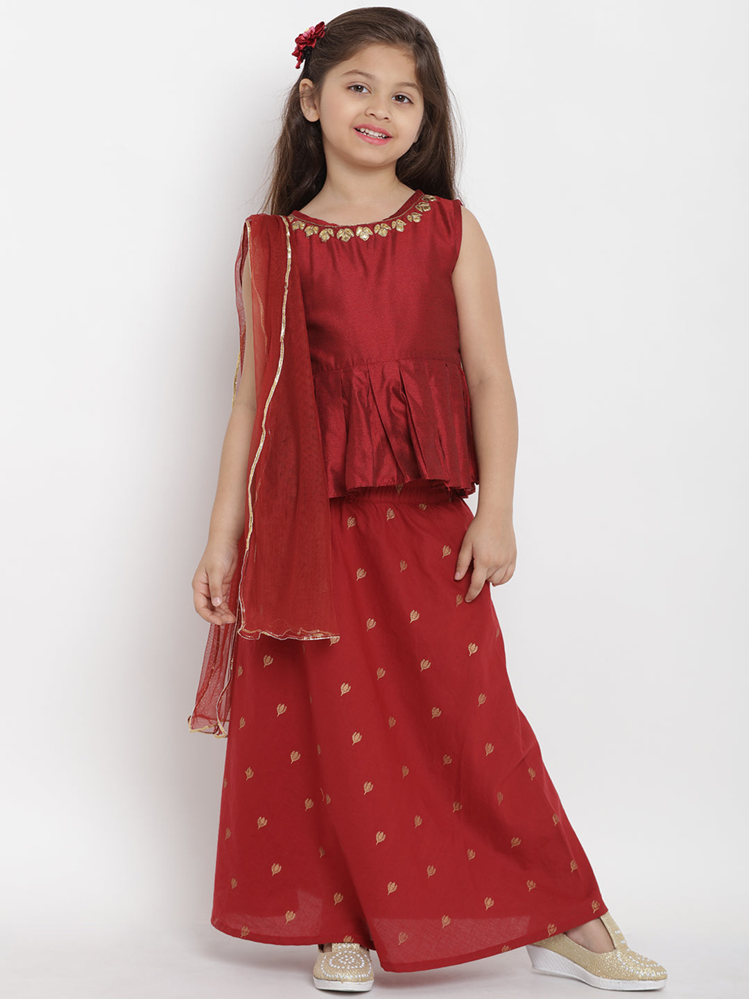 Girls Maroon Solid Top with Skirt for Kids - Bhama - Distacart