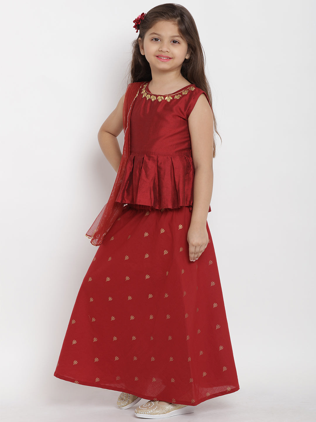 Girls Maroon Solid Top with Skirt for Kids - Bhama - Distacart