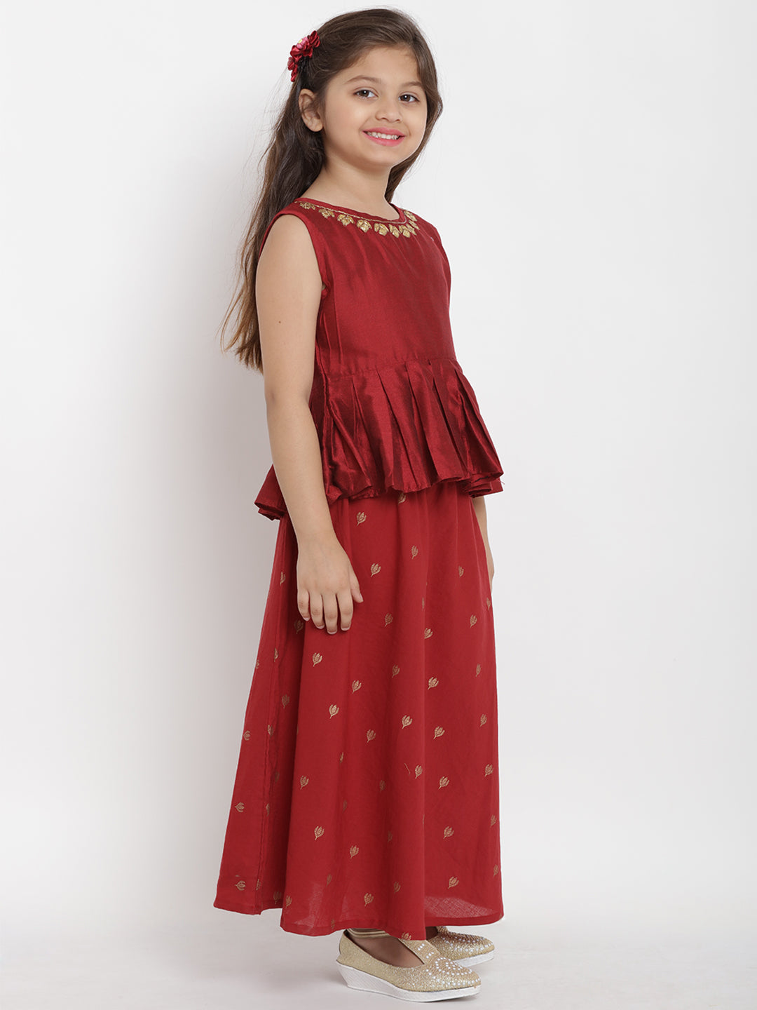 Girls Maroon Solid Top with Skirt for Kids - Bhama - Distacart