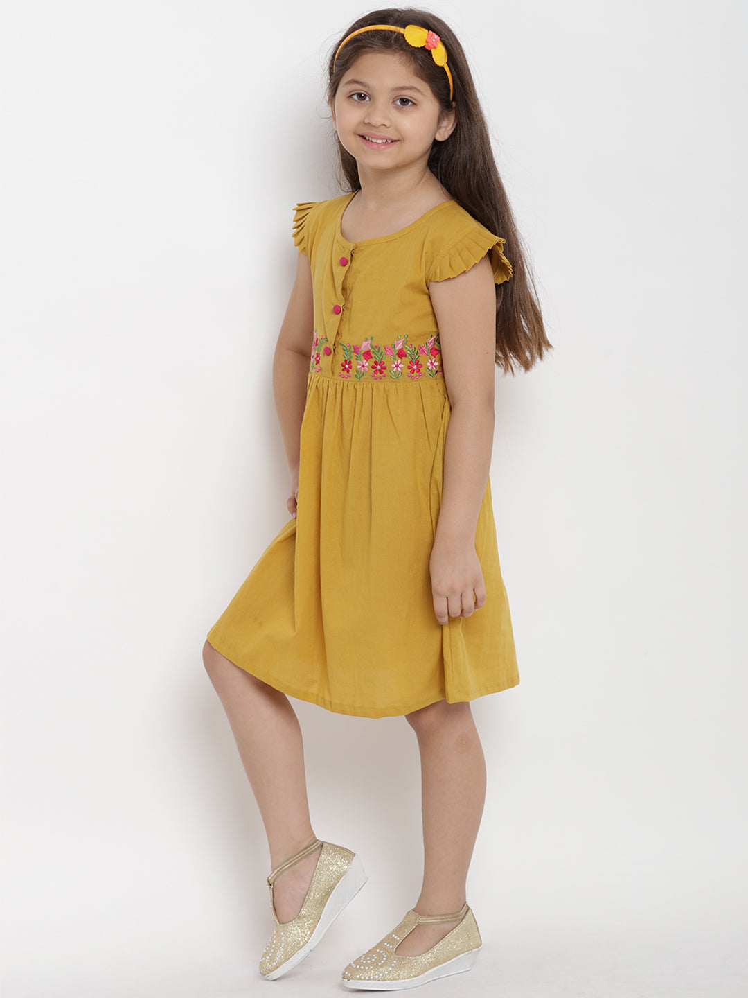 Girls Mustard Empire Dress for Kids - Bhama - Distacart