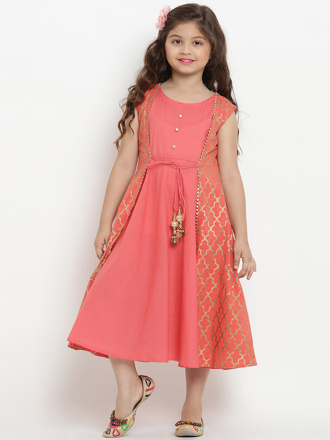 Girls Peach-Coloured Fit And Flare Dress for Kids - Bhama - Distacart