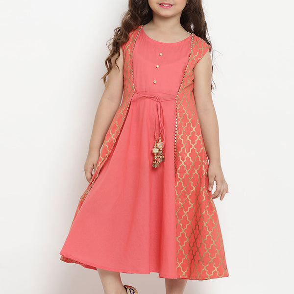 Girls Peach-Coloured Fit And Flare Dress for Kids - Bhama - Distacart