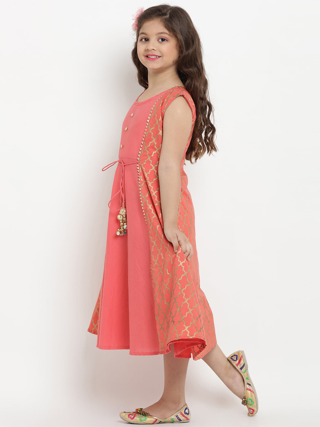 Girls Peach-Coloured Fit And Flare Dress for Kids - Bhama - Distacart