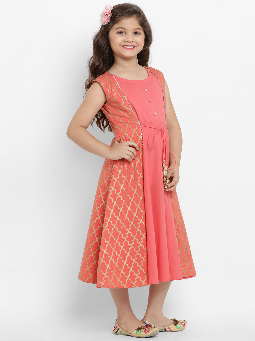 Girls Peach-Coloured Fit And Flare Dress for Kids - Bhama - Distacart