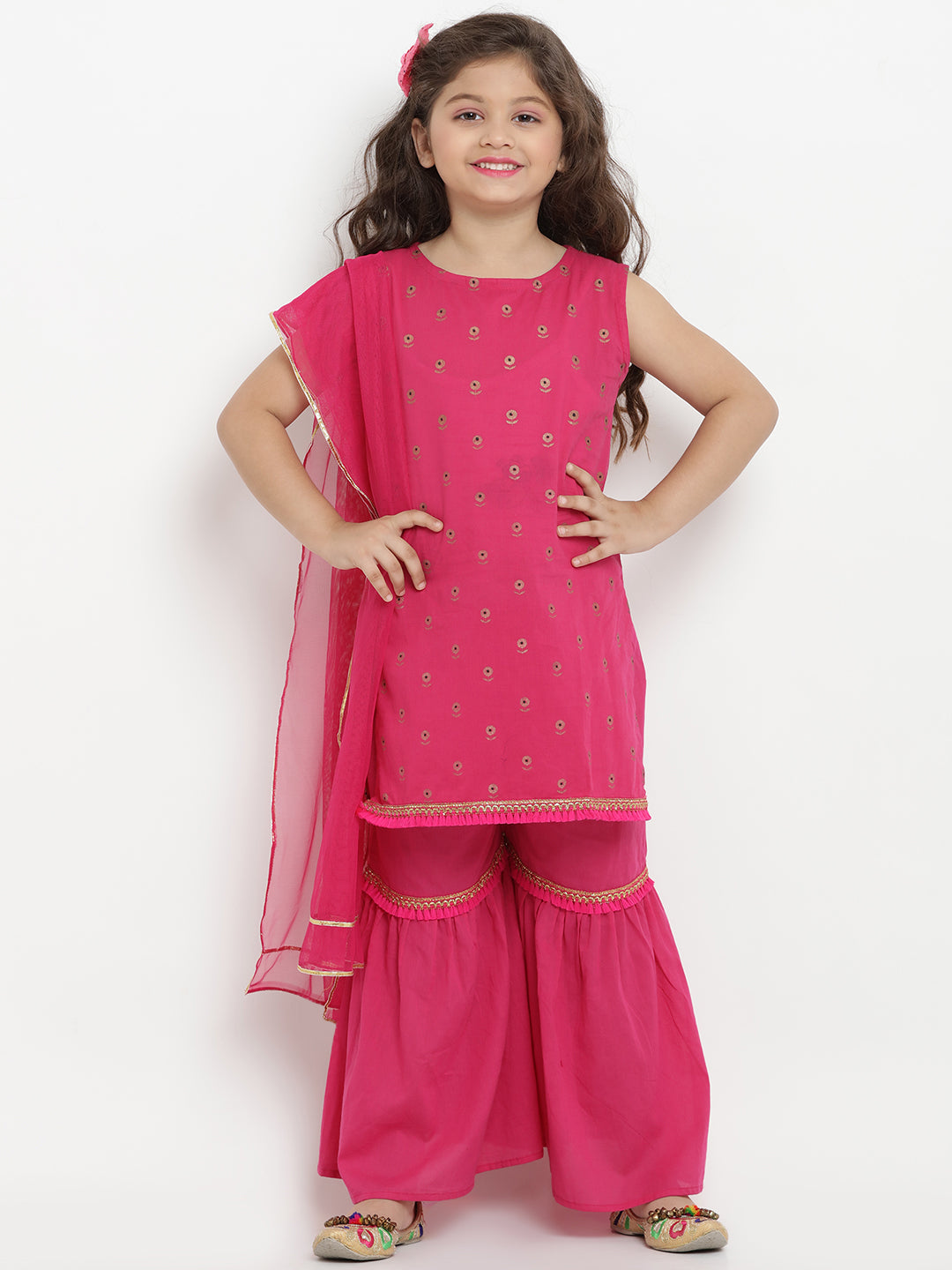 Girls Fuchsia Printed Kurta with Sharara & Dupatta for Kids - Bhama - Distacart
