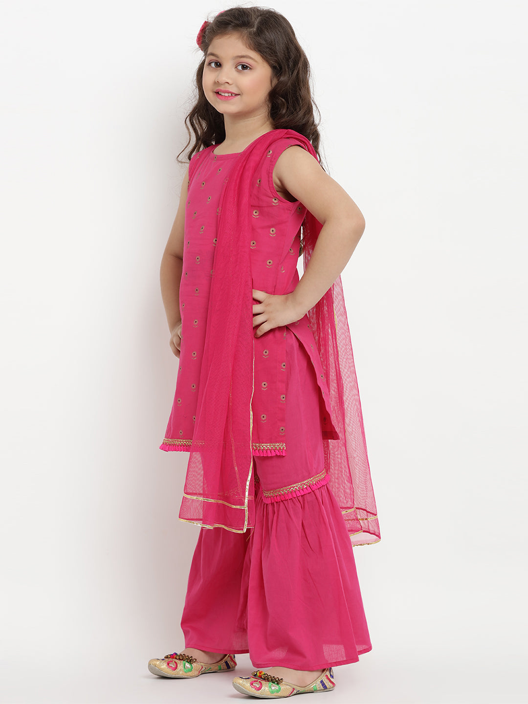 Girls Fuchsia Printed Kurta with Sharara & Dupatta for Kids - Bhama - Distacart