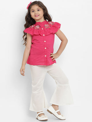 Girls Fuchsia Pink & White Printed Top With Palazzos for Kids - Bhama - Distacart
