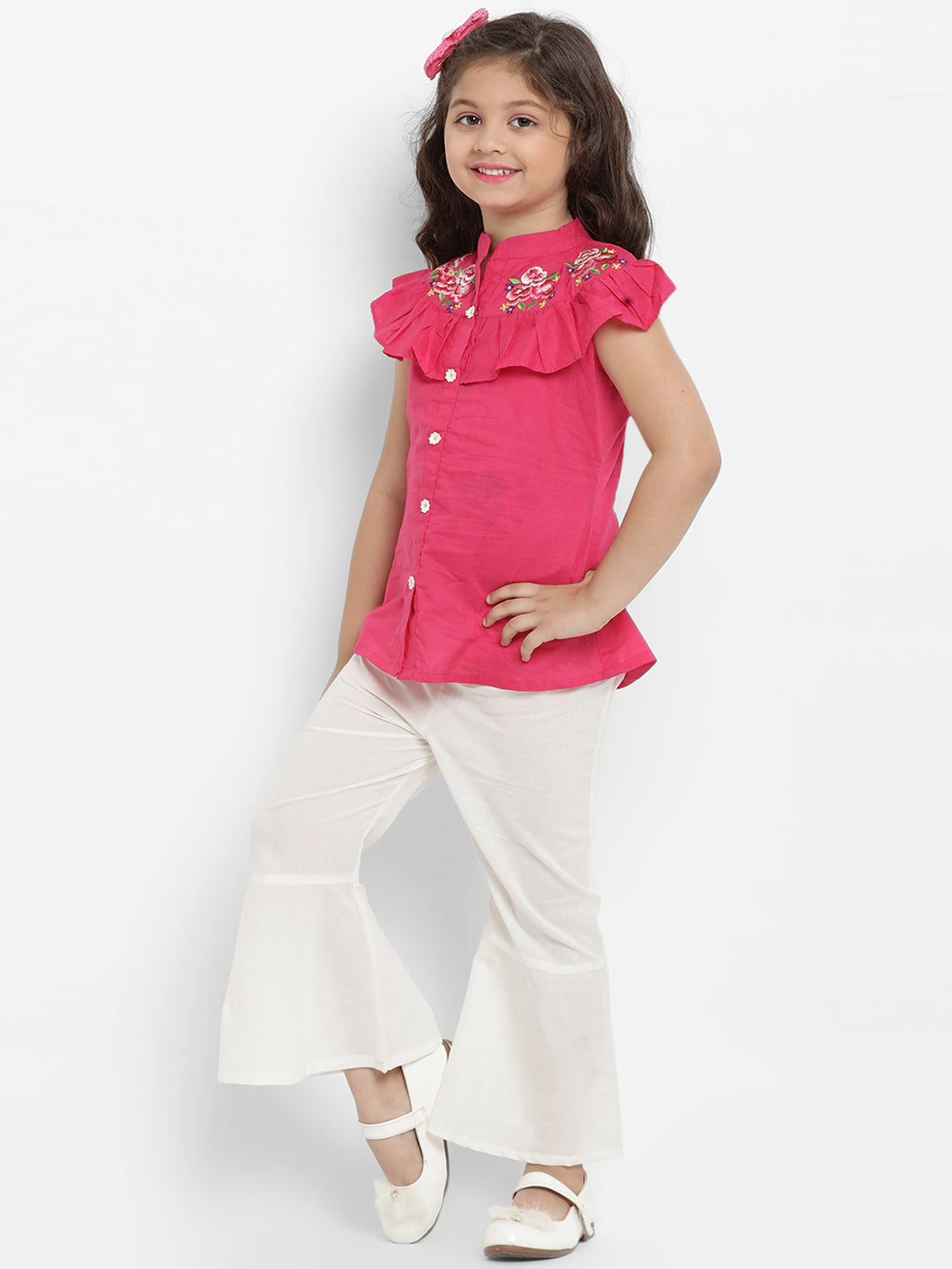 Girls Fuchsia Pink & White Printed Top With Palazzos for Kids - Bhama - Distacart