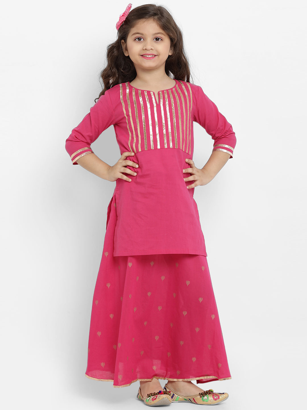 Girls Pink Solid Kurta with Skirt for Kids - Bhama - Distacart