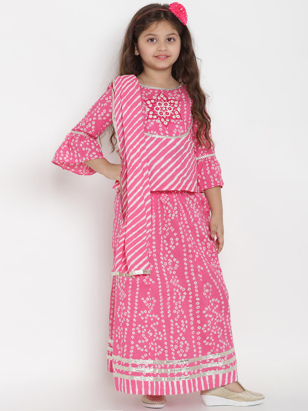 Girls Pink & White Printed Ready To Wear Lehenga & Blouse With Dupatta for Kids - Bhama - Distacart