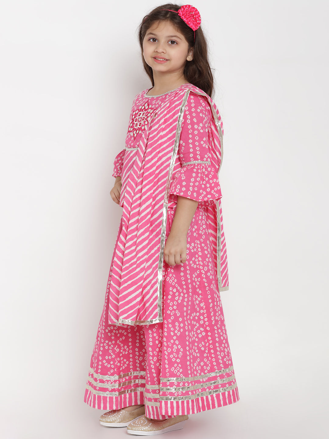 Girls Pink & White Printed Ready To Wear Lehenga & Blouse With Dupatta for Kids - Bhama - Distacart