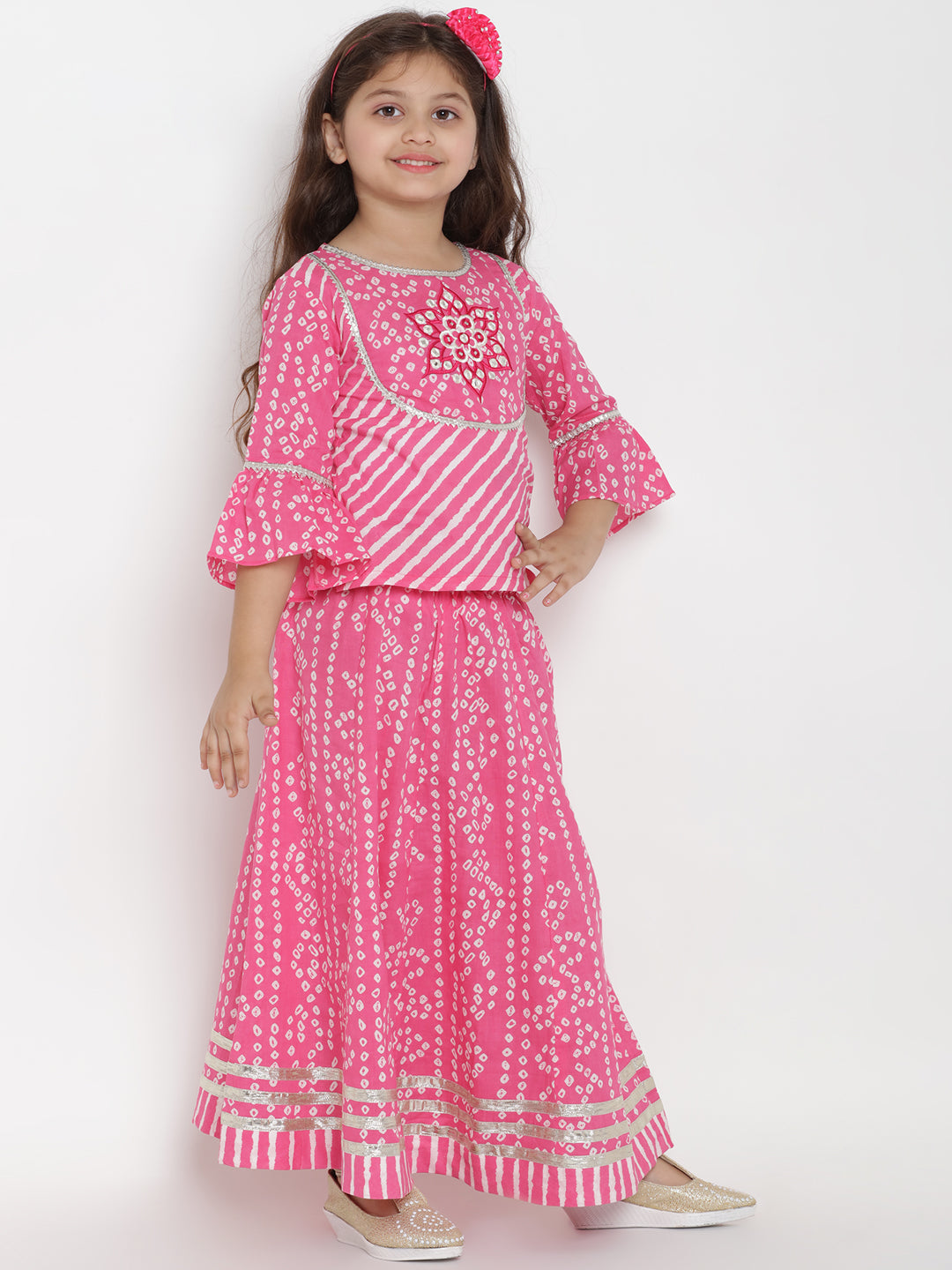 Girls Pink & White Printed Ready To Wear Lehenga & Blouse With Dupatta for Kids - Bhama - Distacart