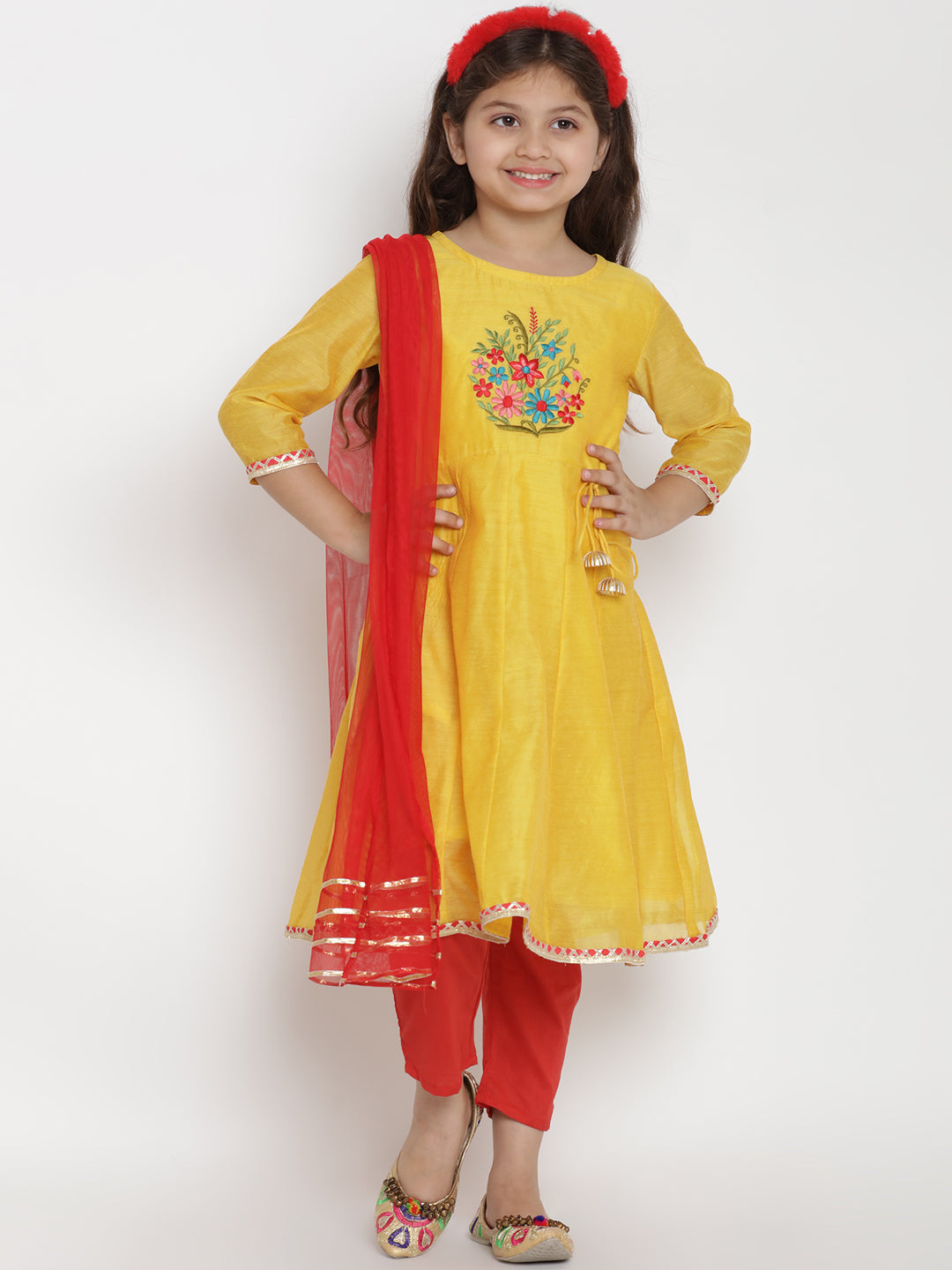 Girls Yellow & Red Embroidered Kurta With Trousers & Dupatta for Kids - Bhama - Distacart