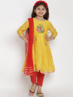 Thumbnail for Girls Yellow & Red Embroidered Kurta With Trousers & Dupatta for Kids - Bhama - Distacart