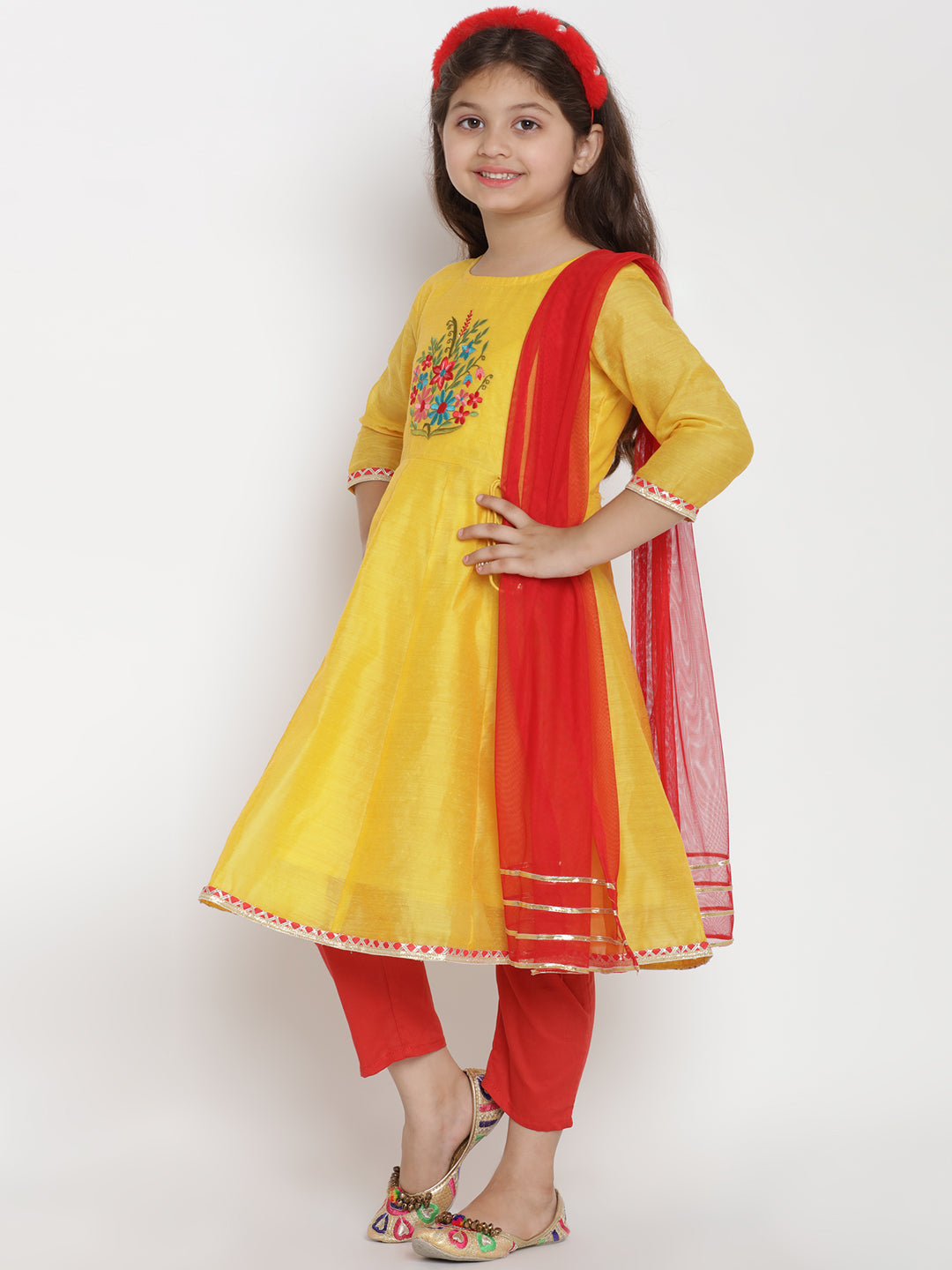 Girls Yellow & Red Embroidered Kurta With Trousers & Dupatta for Kids - Bhama - Distacart