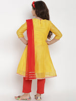 Thumbnail for Girls Yellow & Red Embroidered Kurta With Trousers & Dupatta for Kids - Bhama - Distacart