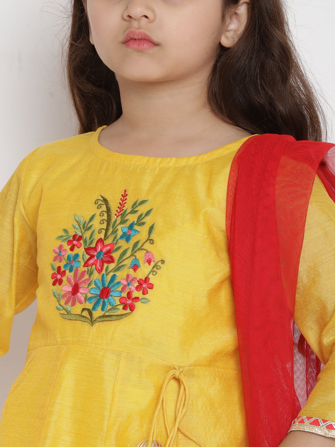 Girls Yellow & Red Embroidered Kurta With Trousers & Dupatta for Kids - Bhama - Distacart