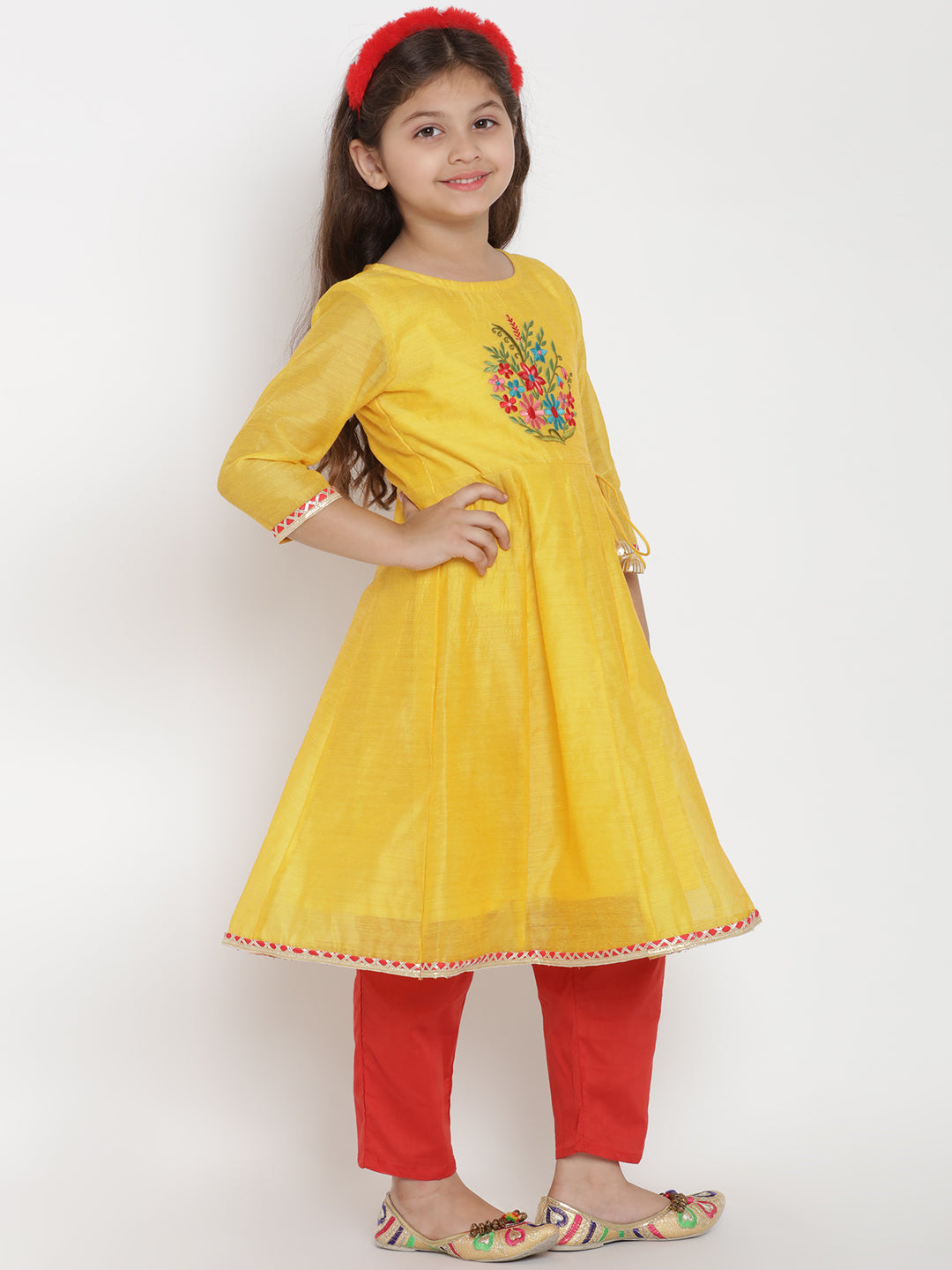 Girls Yellow & Red Embroidered Kurta With Trousers & Dupatta for Kids - Bhama - Distacart